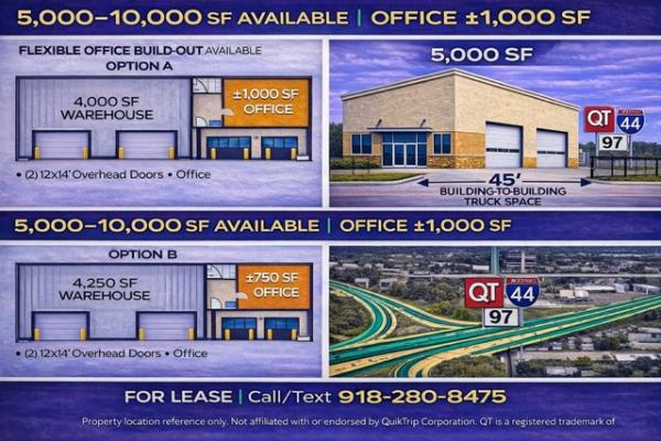 Flex warehouse space with I-44 & Hwy 97 visibility Tulsa 35,000 VPD 400 amp power
